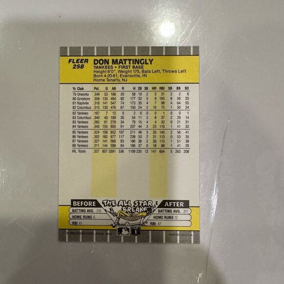 Fleer Don Mattingly Trading Card - Gray and Blue mint condition - Picture 3 of 3